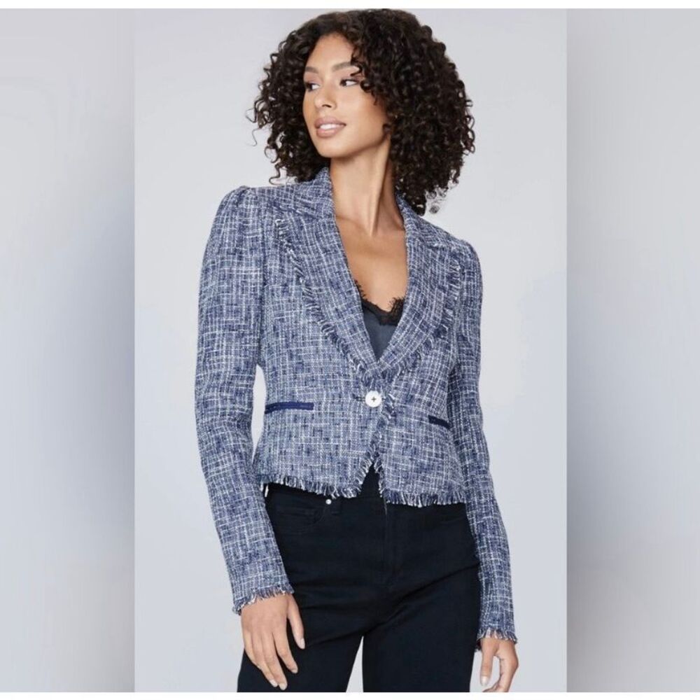 Womens Blue Tweed Frayed Hem Blazer Jacket